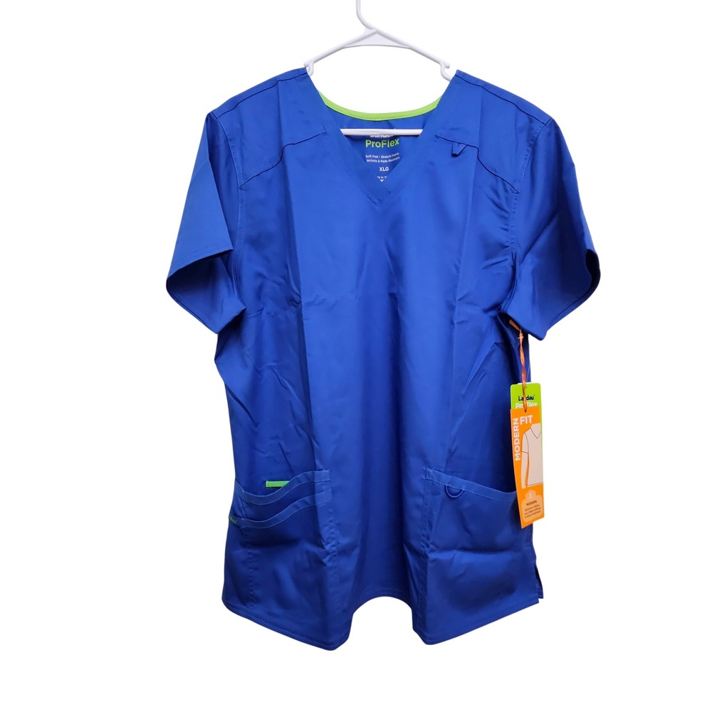 Landau Scrub Top Women XL Blue ProFlex V-Neck Stretch Modern Medical Uniform